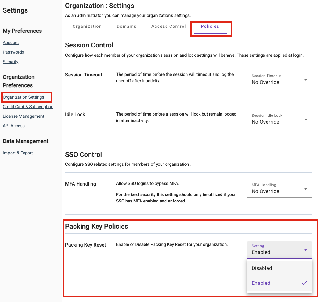 Enabling Packing Key Reset